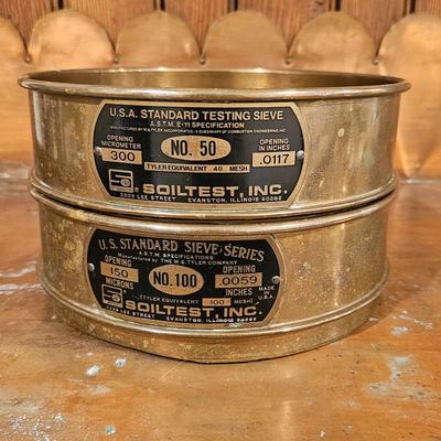 Lot #82 - Vintage Soiltest Brass Testing Sieves No. 50 & No. 100 • Industrial Lab Sieve Set • USA Made