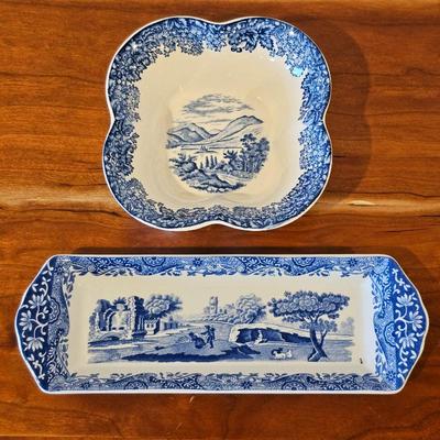 Lot #55 - Spode & Wedgwood Blue & White Transferware Dishes • Scenic Square Bowl & Rectangular Platter