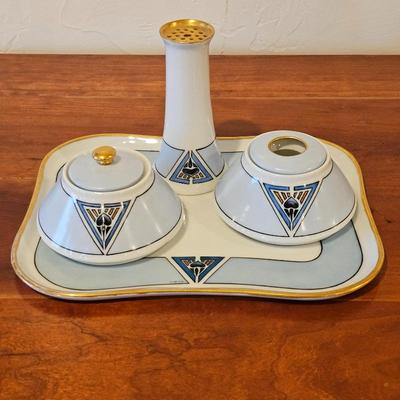Lot #64 - Royal Bavaria Signed Porcelain Vanity Set • 5-Piece Lg Tray, Powder Jar, Hair Receiver, Sm Tray, Hat Pin Holder