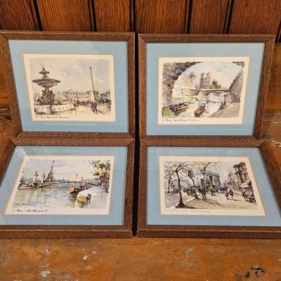 Lot #80 - Set of 4 Lucien Delarue Paris Watercolor Prints • Framed Street & Landmark Scenes • Vintage Wall Art