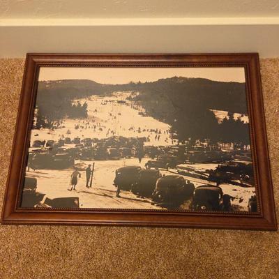 Vintage Framed Ski Resort Photo – Sepia Winter Mountain Scene