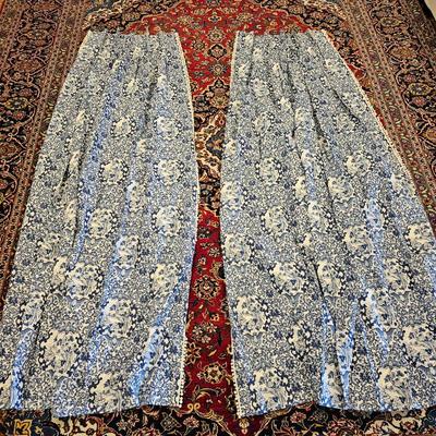 Lot #110 - Pair of Blue & White Drapery Panels • Floral Pattern • Lined, Pleated Curtains