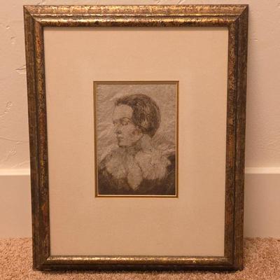 Antique Framed Portrait Sketch – Charcoal/Pencil Artwork