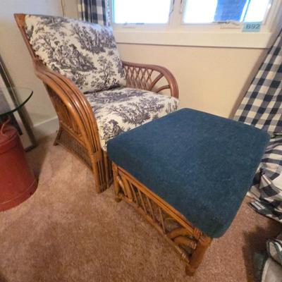 Boca Rattan Inc Canada Rattan Armchair & Ottoman Set – Brown Toile Cushions, Cottage Coastal Style