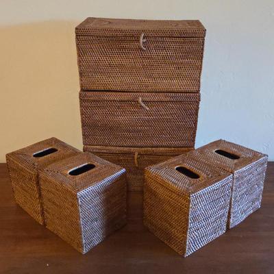 Lot of 6 Rattan Storage Pieces • 2 Lidded Baskets + 4 Woven Tissue Box Covers • Natural Decor