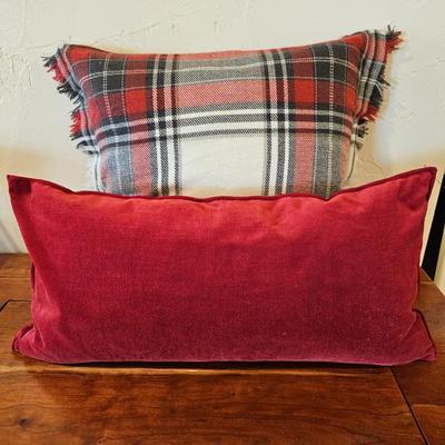 Lot #13 - Pair of Pottery Barn Throw Pillows • Red Velvet Lumbar + Red/Black Plaid Cushion • Rustic Cabin Christmas Decor
