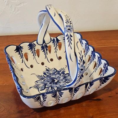 Blue & White Hand-Painted Portuguese Ceramic Basket • Pierced Reticulated Design • Vintage Decorative Bowl