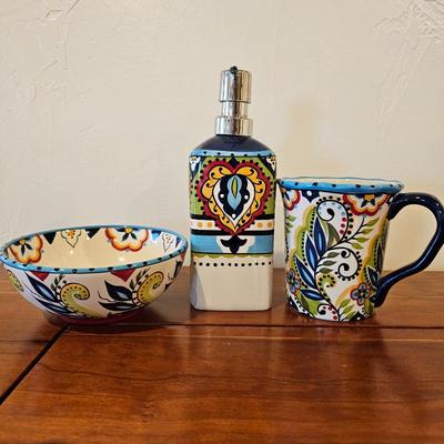 Lot #59 - Colorful Espana Lifestyle Talavera-Style Ceramic Set • Bowl, Soap Dispenser & Mug • Southwestern Mexican Decor