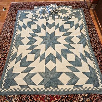 Lot #93 - Pottery Barn King Size Patchwork Quilt • Blue & White Geometric Star Pattern • King Blanket w/ 5 Euro Shams