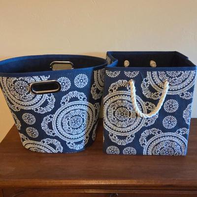Set of 2 Fabric Storage Bins • Blue White Mandala Print • Rope & Metal Handles • Closet Organizer