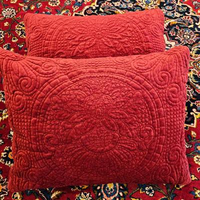 Lot #53 - Pair Red Quilted Pottery Barn Shams & Pillows • Textured Medallion Pattern • Farmhouse Cottage Accent Cushions
