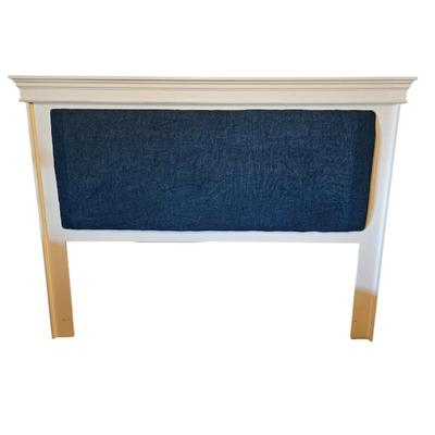 Lot #116 - White Wood Upholstered Queen Headboard • Navy Fabric Panel • Cottage/Coastal Style