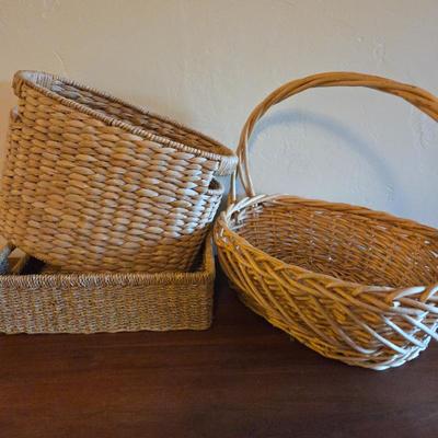 Lot of 3 Wicker & Straw Baskets • Farmhouse Storage Bins • Natural Woven Decor