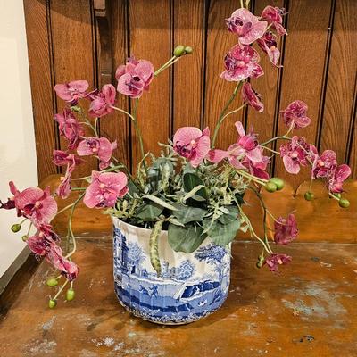 Lot #83 - Spode Blue & White Transferware Cachepot Planter w/ Pink Phalaenopsis - Faux Orchid Arrangement