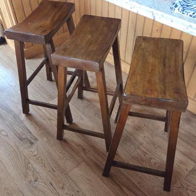 Set of 3 Solid Wood Bar Stools • Rustic Farmhouse Counter Stools • Saddle Seat Design