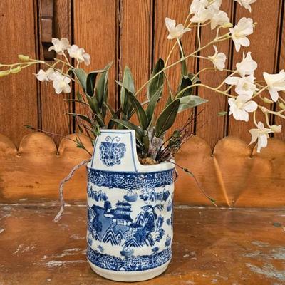 Lot #84 - Blue & White Asian Chinoiserie Vase w/ Faux Orchid Arrangement • Oriental Landscape Pottery