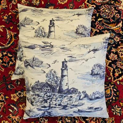 Lot #104 - Pair of Pottery Barn Nautical Lighthouse Print Throw Pillows – Navy & Cream – Coastal Decor