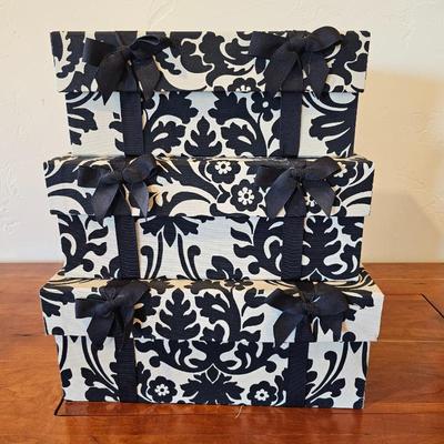 Lot #102 - Set of 3 Decorative Nesting Storage Boxes w/ Black & White Damask Pattern & Ribbon Trim – Stacking Organizer Set