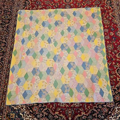 Lot #99 - Vintage Handmade Tumbling Blocks Quilt – Pastel Diamond Pattern