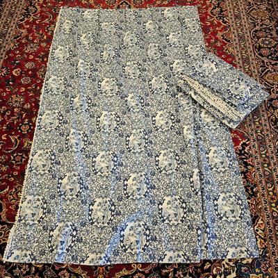 Lot #111 - 3 Curtain Panels - Blue & White Drapery Panels - Floral Pattern, Lined, Pleated Curtains
