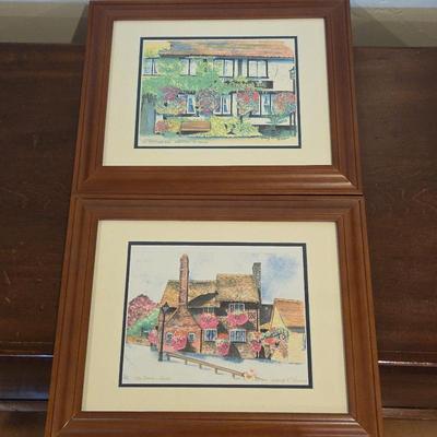 Set of 2 Nancy Harrison Framed English Cottage Prints – The Crown & The Greyhound Pub – Charming UK Village Artwork