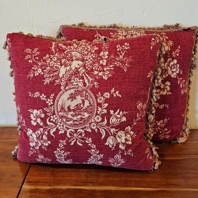 Lot #98 - Set of 2 Red Toile Decorative Throw Pillows w/ Fringe Trim – French Country Style