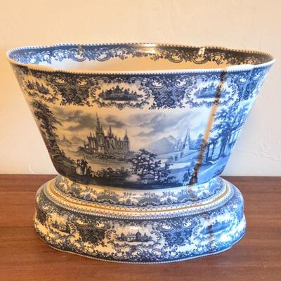 Antique Blue & White Transferware Jardiniere & Pedestal Base – Scenic Motif