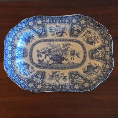 Antique Spode Blue & White Transferware Serving Platter • Floral Basket Pattern • Ironstone Style