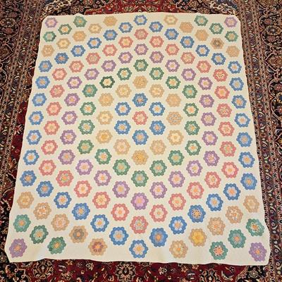 Lot #9 - Vintage Handmade “Grandmother’s Flower Garden” Quilt • Multi-Color Hexagon Pattern 