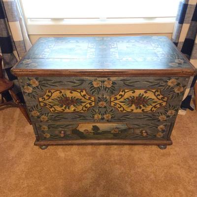 Antique American Hand-Painted Folk Art Blanket Chest – Floral & Landscape Panels - European Style