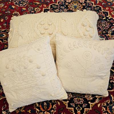 Lot #52 - Set of 3 Cream Decorative Pillows • Knit Textured & Embroidered Matelassé • Neutral Farmhouse Decor