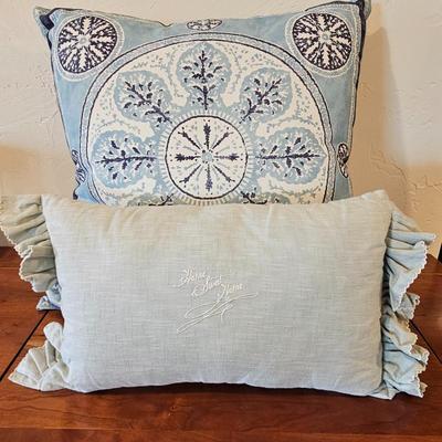 Lot #22 - Pair Blue Accent Pillows • Mandala Medallion & “Home Sweet Home” Ruffle Pillow • Farmhouse Decor