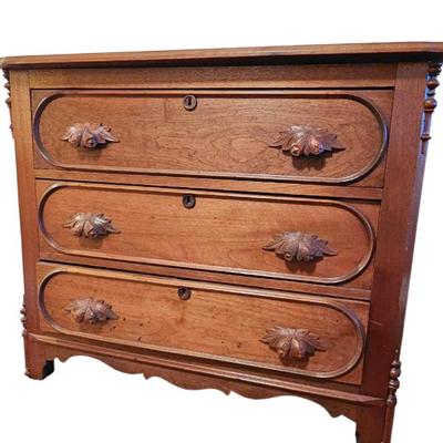 Lot #87 - Antique Solid Wood 3-Drawer Dresser • Carved Leaf Pulls • Victorian / Early American Chest
