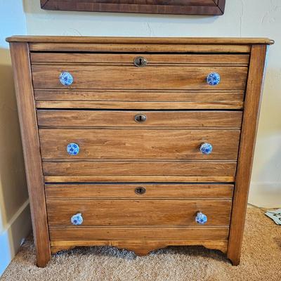 Lot #1 - Vintage Solid Wood 3-Drawer Dresser • Blue Ceramic Knobs • Farmhouse Cottage Chest of Drawers