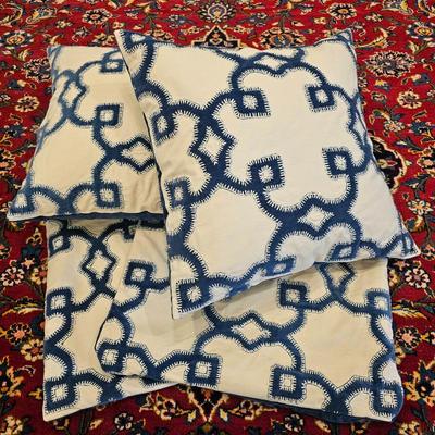 Lot #51 - Set of 4 Pottery Barn Blue Embroidered Throw Pillow Covers + 2 Inserts • Textured Geometric Pattern • Coastal Modern 
