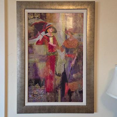 Linda Lee Gimby Framed Art Deco Style Mixed Media on Board – Elegant Women w/ Parasol Gold Frame Wall Art