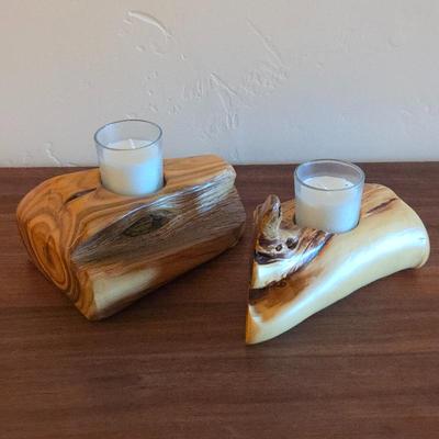 Rusty X Ranch Nebraska Rustic Natural Juniper Wood Tea Light Candle Holders • Handcrafted Log Slice Decor • Cabin Lodge Style Pair