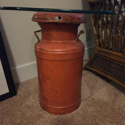 Vintage Farmhouse Red Metal Milk Can Side Table w/ Round Glass Top – Rustic Country Decor