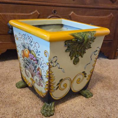 Horchow Hand-Painted Italian Majolica Planter Jardiniere – Footed Square Pot w/ Fruit & Scroll Motif