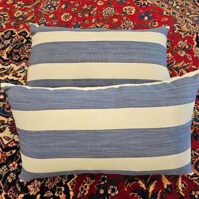 Lot #6 - Pair Pottery Barn Blue & White Striped Throw Pillows • Coastal Nautical Style • Lumbar Cushions