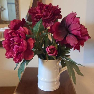 Faux Peony Floral Arrangement in Leedsware Classical Creamware Tankard – Home Décor Centerpiece