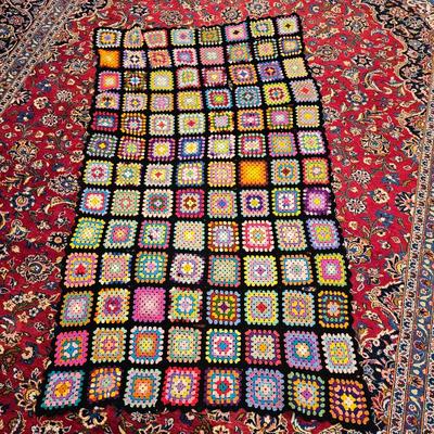 Lot #100 - Vintage Handmade Crochet Granny Square Afghan – Multicolor on Black