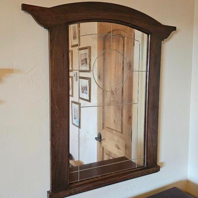 Lot #118 - Arts & Crafts Mission Style Mirror • Leaded Glass Detail • Solid Wood Frame