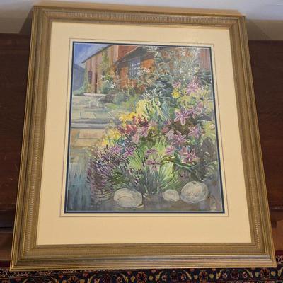 Angela Fielder Original Signed Garden Patio Watercolor – Cottage Flowers & Stone Terrace – Vibrant Botanical Framed Art