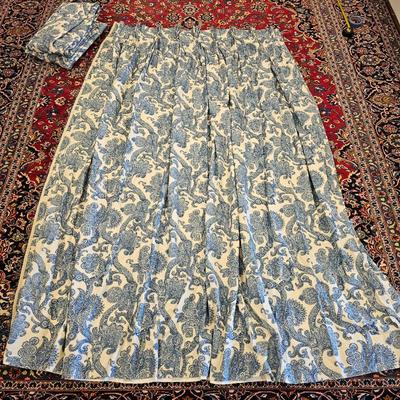Lot #95 - Blue & White Paisley Drapery Panels w/ Pleated Tops – 2 Panels + Valance – Lined