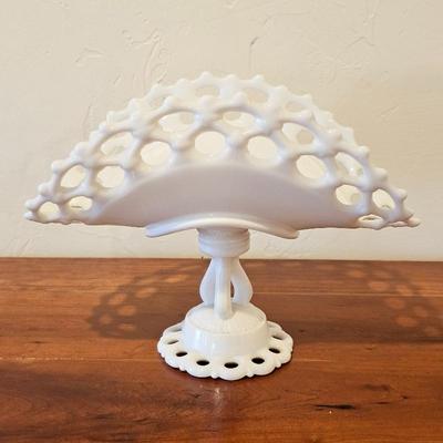 Vintage Milk Glass Open Lace Edge Compote • Footed Pedestal Bowl • Cottagecore Style Decor