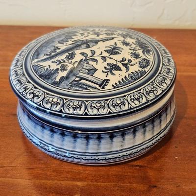 Lot #56 - Blue & White Portuguese Ceramica Lidded Trinket Box • Chinoiserie Floral Scene • Vintage Decorative Jar