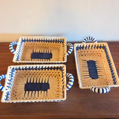 Set of 3 Woven Straw Trays w/ Ceramic Handles • Blue Striped Boho Coastal Serving Baskets