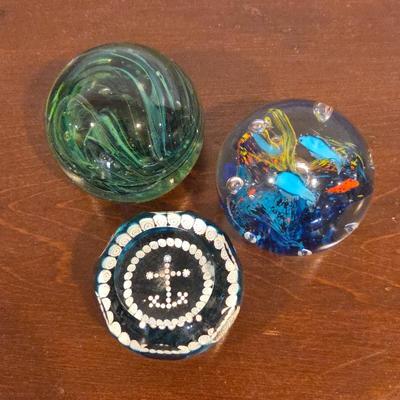 Lot of 3 Art Glass Paperweights • Swirl Glass, Aquarium Fish, Royal Wedding Anchor • Vintage Decorative Desk Set