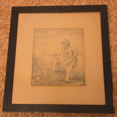  Antique William Burton Thomas Framed Pencil Sketch – Rustic Man with Walking Stick Artwork